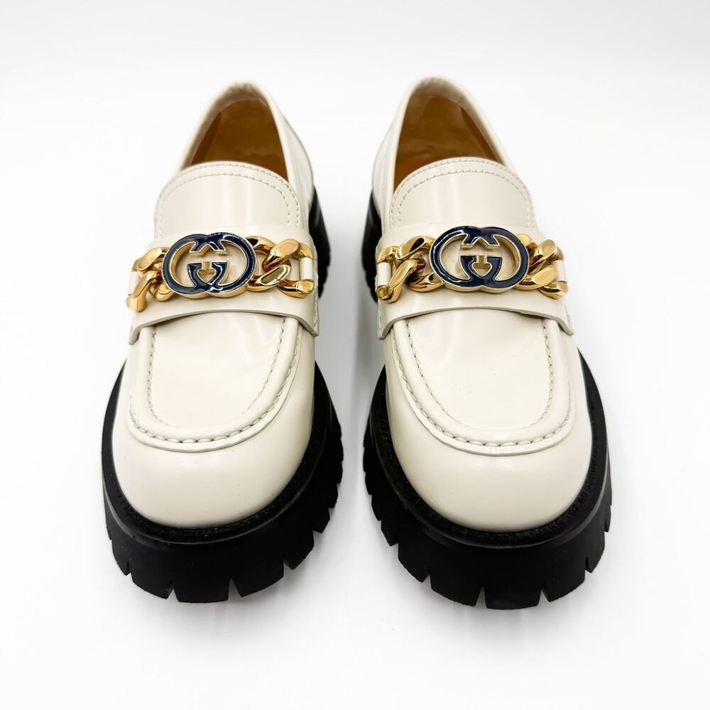 Gucci Jeanne GG Chain Lug Sole White Leather Platform Loafers EU 38 US 8 - Picture 3 of 12